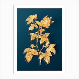 Vintage Red Bramble Leaved Rose Botanical in Gold on Teal Blue n.0158 Art Print