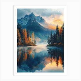 Serene Mountain Landscape At Sunrise – Misty Reflections Nature Art Print Art Print