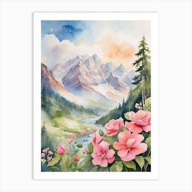 Watercolor Of Mountains And Flowers Art Print