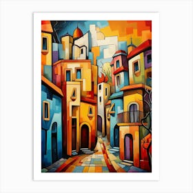 Streets of Fairytale II, Abstract Vibrant Colorful Painting in Cubism Style Art Print