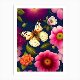 Seamless Pattern With Flowers And Butterflies Art Print