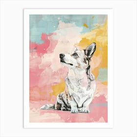 Corgi Dog Pastel Line Watercolour Illustration 6 Art Print