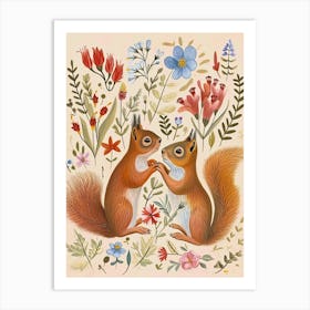 Folksy Floral Animal Drawing Squirrel 2 Art Print