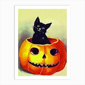 Little Black Cat In A Carved Pumpkin Art Print