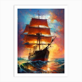 Sailing Ship At Sunset 1 Art Print