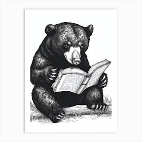 Malayan Sun Bear Reading Ink Illustration 2 Art Print