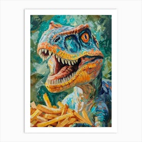 Dinosaur Eating Fries Turquouse Brushstroke Art Print
