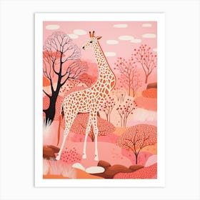 Giraffe In The Nature With Trees Pink 7 Art Print