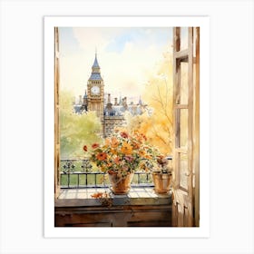 Window View Of London United Kingdom In Autumn Fall, Watercolour 4 Art Print
