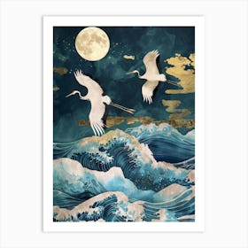 White Cranes Over The Sea Art Print