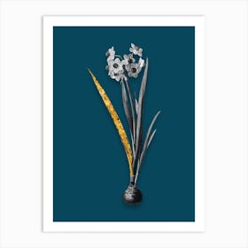 Vintage Daffodil Black and White Gold Leaf Floral Art on Teal Blue n.0685 Art Print
