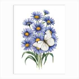 Blue Daisies With Butterfly Art Print