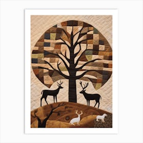 Deer's Under The Tree, American Quilting Inspired Folk Art with Earth Tones, 1383 Art Print