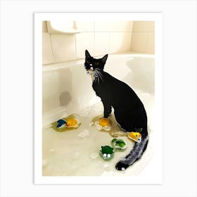 Cat Bathing In Bath Tub With Toys In It Art Print