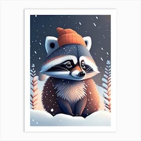 Raccoon With Orange Beanie In The Snow Art Print