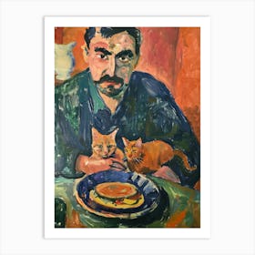 Portrait Of A Man With Cats Having Dinner 1 Art Print