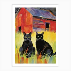 Two Black Cats In Front Of An Old Wooden Barn Art Print
