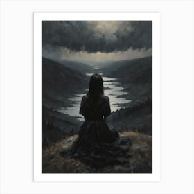 Horizon - Dark Aesthetic Moody Art of a Woman Sitting in Solitude Contemplating Alone at Night | Altar Wall Decor Vintage Oil Painting in HD Art Print