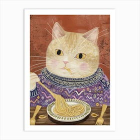 Cute Tan Cat Pasta Lover Folk Illustration 4 Art Print