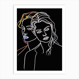 Women In Black And White Line Art Neon 2 Art Print