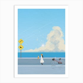 Minimal art illustration Beautiful view of seaside street with girls and bicycles Art Print