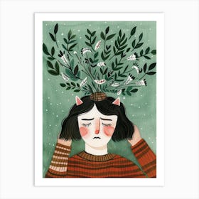 Illustration Of A Girl With Leaves On Her Head 1 Art Print