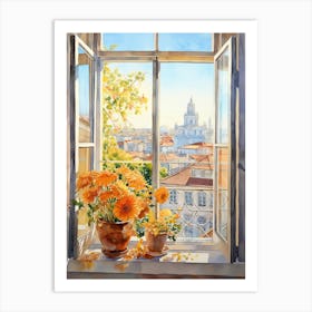 Window View Of Lisbon Portugal In Autumn Fall, Watercolour 2 Art Print