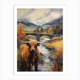 Highland Cow On A Cloudy Bridge By The Railway Track Art Print