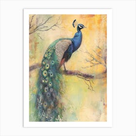 Peacock On A Tree Textured Drawing Art Print