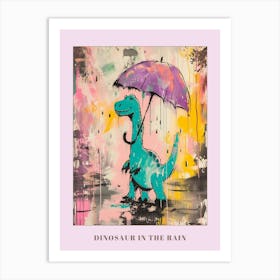 Dinosaur In The Rain Holding An Umbrella Teal Purple 2 Poster Art Print