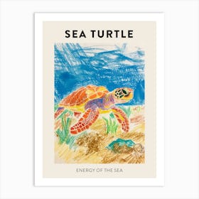 Sea Turtle On The Beach Crayon Doodle Poster 4 Art Print