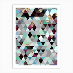 Abstract Geometric Triangle Pattern in Teal Blue and Glitter Gold n.0008 Art Print