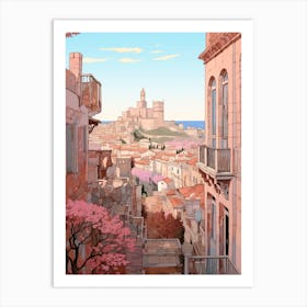 Marseille France 2 Vintage Pink Travel Illustration Art Print