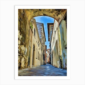 Lucca Charming Alleyway in Sunlight. A picturesque narrow alleyway bathed in warm sunlight, featuring an arched passage and rustic yellow walls. The cobblestone path creates an inviting perspective, leading the viewer deeper into this serene and timeless scene. 1 Art Print