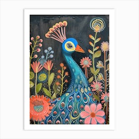 Folk Floral Peacock In The Wild 3 Art Print