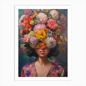 Portrait Woman Flowers Pink Purple FLoral Painting Poster Art Print