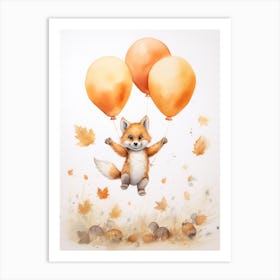 Fox Flying With Autumn Fall Pumpkins And Balloons Watercolour Nursery 2 Art Print