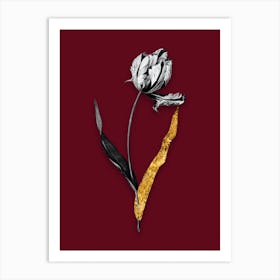 Vintage Didiers Tulip Black and White Gold Leaf Floral Art on Burgundy Red n.0596 Art Print