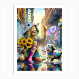 Happy coloful girl, playful dog, sunflowers Art Print