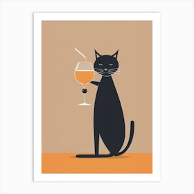 Black Cat With A Glass Of Wine Art Print