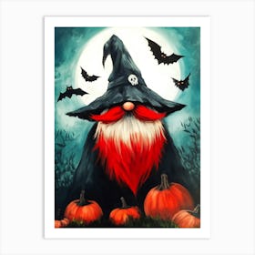 Witch Gnome With Pumpkins Art Print