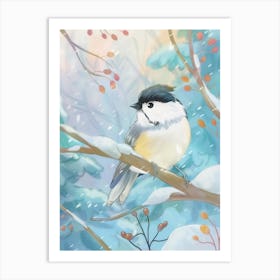 Chickadee Bird on a Snowy Branch Art Print