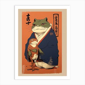 Frog And Cat, Matsumoto Hoji Inspired Japanese Woodblock 3 Art Print