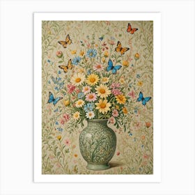 Flowers In A Vase And Butterflies Art Print