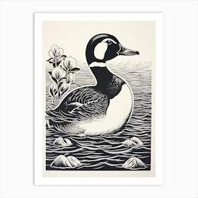 B&W Bird Linocut Bufflehead 1 Art Print