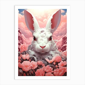 White Rabbit In Pink Flowers Art Print