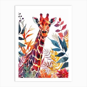 Watercolour Giraffe Head In The Leaves 7 Art Print