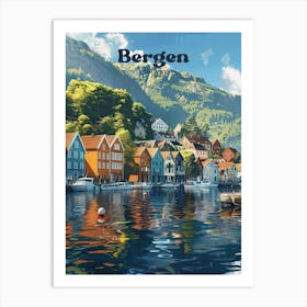 Bergen Norway City Fjord Travel Art Illustration Art Print