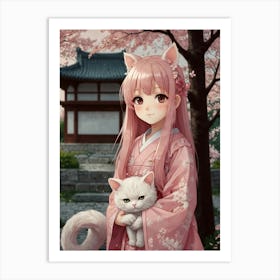 Anime Girl With Cat Art Print