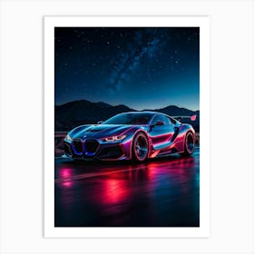 BMW neon car at night, a racing star. Synthwave vibes and futuristic design create a fast, automotive masterpiece. Art Print